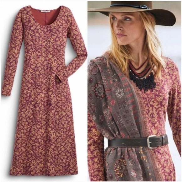 Peruvian Connection Bramble Vine Burgundy and Ochre Fitted‎ Midi Dress sz Large - Picture 1 of 10